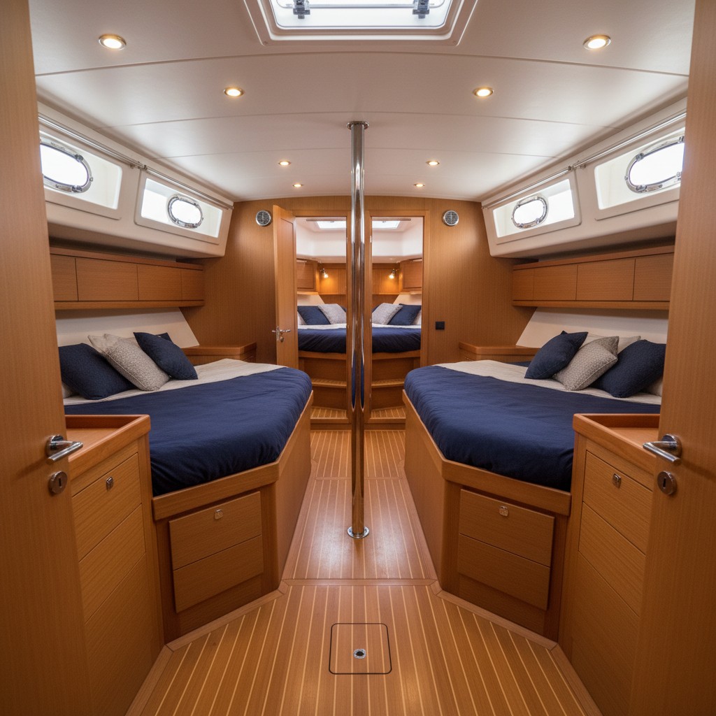 A luxurious, light-wood paneled bedroom area aboard a yacht, featuring two single beds, a door to a twin-sized bunk bed ar...