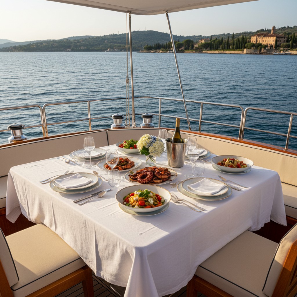 A table on a boat set for dining. The table is covered in white linens, wooden chairs with cushions, plates of food, wine ...