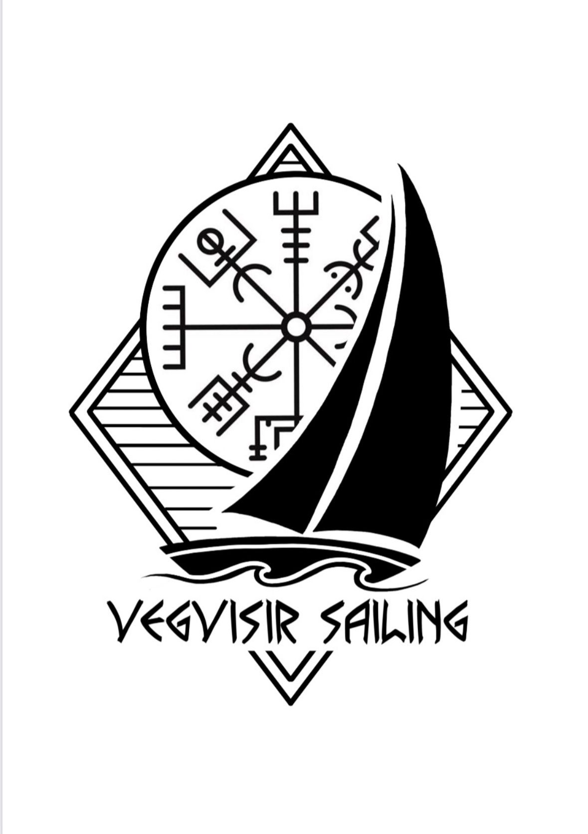 The image is a logo for Vegvisir Sailing, featuring a stylized sailboat and a circular symbol with a compass-like design. ...