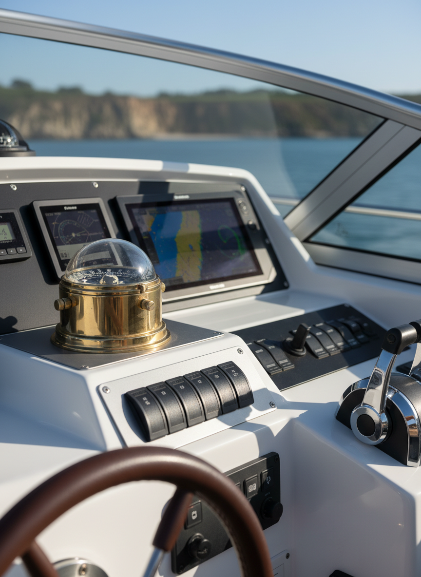 A close-up of a classic, glossy compass and modern navigation instruments mounted on a boat’s dual-tone, white and brushed metal helm station. Around the instruments, the smooth textures of the helm’s leather-wrapped wheel and matte control panels are visible, with a hint of the coastline in soft focus through the windscreen. Bright, clear daylight filters through, illuminating the surfaces with subtle highlights and crisply defined shadows. The mood is confident and professional, highlighting the expertise and reliability of the navigation controls. The photograph is composed from a slightly side-on, low angle with shallow depth of field, drawing precise attention to the instruments' clean lines and the structured, corporate nautical aesthetic.