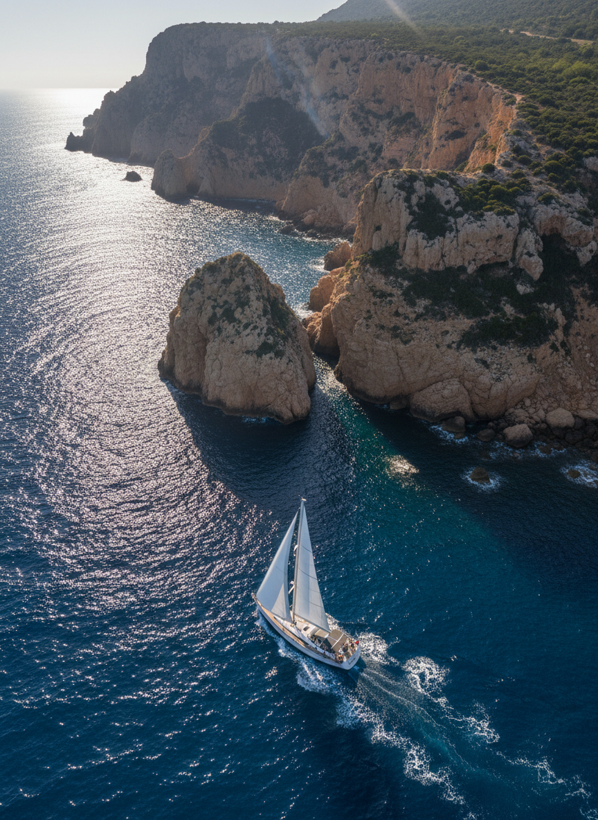 A high-angle, wide shot of a sailboat gracefully gliding past the dramatic, rocky coastline of northern Corsica. The boat’s white sails are taut and perfectly aligned, contrasting with the muted earth tones of the cliffs and the deep blue of the sea. The water’s surface glimmers with sunlit sparkles, and the coastline’s rugged textures are highlighted by the crisp, direct afternoon sunlight. The scene is dynamic yet composed, exuding a sense of adventure and pristine natural beauty. The camera’s high perspective ensures the structured layout, with the sailboat as the clear focal point and the coastline providing context. The aesthetic is professionally photographic, with clean lines and balanced tones to underscore the allure of well-curated sailing destinations.