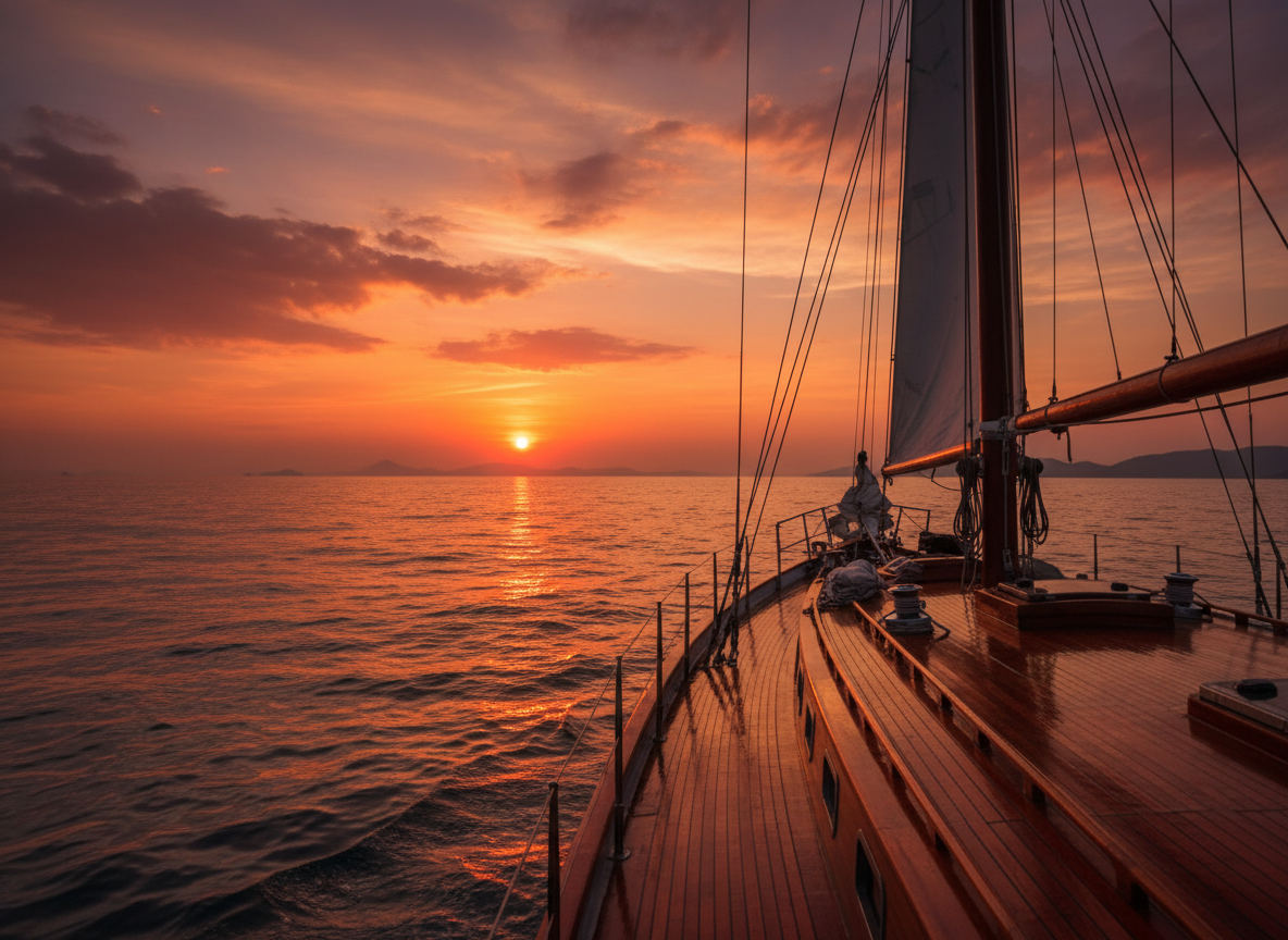 Una splendida foto di un tramonto vista dal ponte di una barca, con colori caldi e il mare all'orizzonte